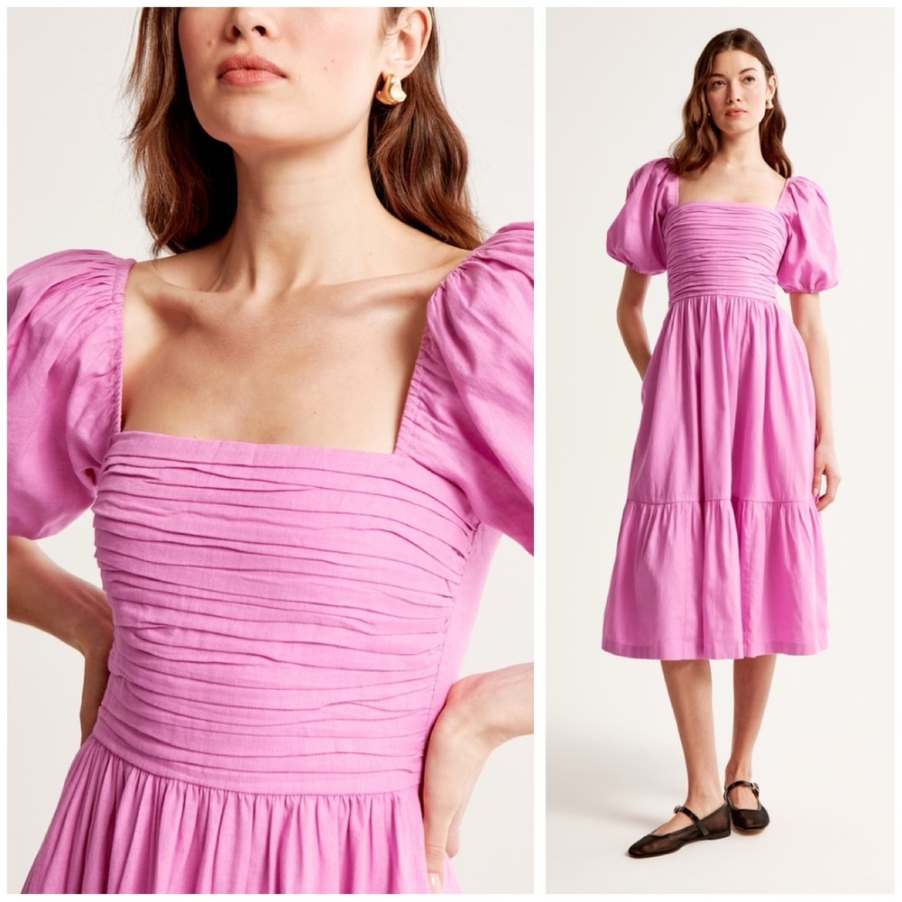 Abercrombie & Fitch Emerson Linen-Blend Puff Sleeve Midi Dress in Pink Size L